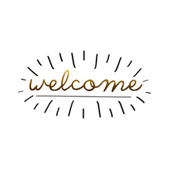 welcome label lettering with golden letters and splash lines