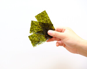 Close-up view of the hand holding a piece of roasted seaweed sheet isolated on white background with copy space. Dry nori sheets korean or japanese for sushi