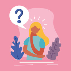 young woman doubting with question mark in speech bubble