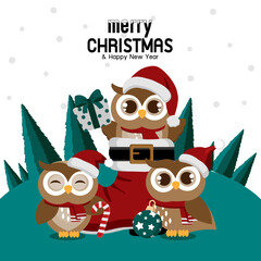Christmas theme  owl wearing Santa cap hat.Vector illustration.