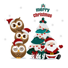 Christmas theme  owl wearing Santa cap hat.Vector illustration.