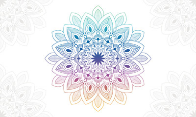 Gradient colorful mandala background with floral ornament pattern. Hand drawn mandala design. Vector mandala template for decoration invitation, cards, wedding, logos, cover, brochure, flyer, banner.