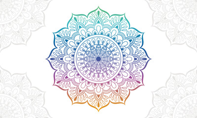 Gradient colorful mandala background with floral ornament pattern. Hand drawn mandala design. Vector mandala template for decoration invitation, cards, wedding, logos, cover, brochure, flyer, banner.