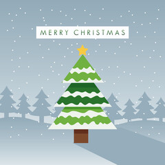 happy merry christmas green tree with snow in winter scene