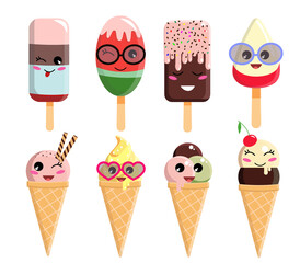 set of ice cream with funny faces. vector illustration in cartoon style, isolated on white background