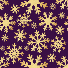 Golden seamless pattern with glitter snowflakes for fabrics, paper, textile, gift wrap. Gold new year background