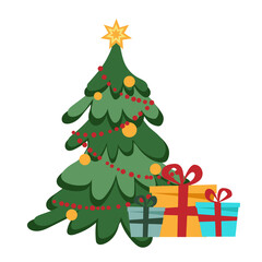 Christmas tree decorated with a star, lights, fireworks, decorative balls and gifts.