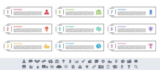 Infographic design business concept vector illustration with 9 steps or options or processes represent work flow or diagram or web button banner