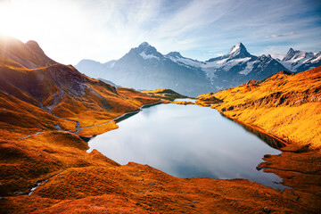 Great view of the Schreckhorn and Wetterhorn peaks. Location place Bachalpsee, Swiss alps, Switzerland.