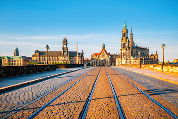 Obraz premium Perfect view of cathedral Catholic Hofkirche and palace Georgenbau in Dresden town. Saxony land, Germany.