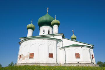 Ancient Church of the Nativity of John the Baptist close-up on a sunny June day. Old Ladoga. Leningrad region, Russia