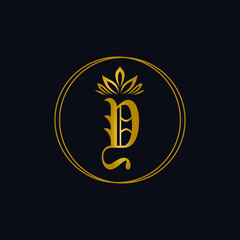 Luxury Initial Y Golden metallic Letter  with circle line and leaves crown. Cosmetic, fashion, boutique, logo vector concept
