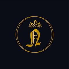 Luxury Initial N Golden metallic Letter  with circle line and leaves crown. Cosmetic, fashion, boutique, logo vector concept