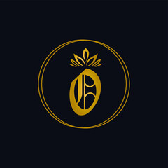 Luxury Initial O Golden metallic Letter  with circle line and leaves crown. Cosmetic, fashion, boutique, logo vector concept