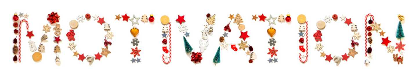 Colorful Christmas Decoration Letter Building English Word Motivation. Festive Ornament Like Christmas Tree, Star And Ball. White Isolated Background