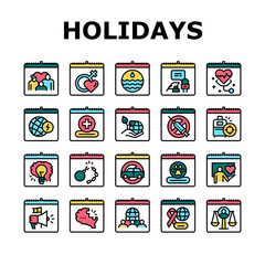World Holidays Event Collection Icons Set Vector. Global Family And Women Day, Tolerance And Democracy, Red Cross And Water Holidays Concept Linear Pictograms. Color Contour Illustrations