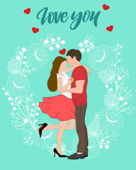 Couple in love on the flowers wreath background. Text I love you 
