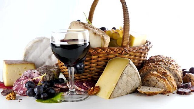 assorted of cheese, salami and glass of wine
