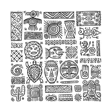 Ethnic mexican decor. Handmade background for your design. Tribal tattos elements