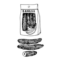 packaged dried bananas, delicious food, sweet fruits, vector illustration with black ink contour lines isolated on a white background in a doodle and hand drawn style