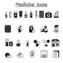 Set of medical drug related vector icons. contains such Icons as, pill, tablet, syringe, pharmacy, drugstore, capsule, prescription, pharmacist and more.