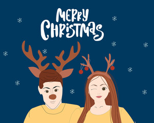 Christmas card with people in retro style. The guy and the girl with Christmas horns.