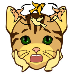 cartoon emoticon with a stunned, discouraged, bumped cat, with birds circling over his head, color simple clip-art, emoji on white isolated background