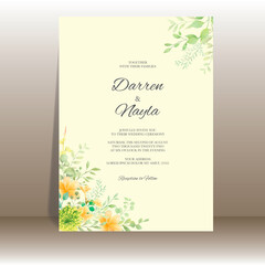 Floral wedding invitation template set with elegant flower and leaves watercolor