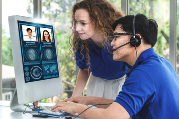 Facial recognition technology scan and detect people face for identification . Future concept interface showing digital biometric security system that analyze human face to verify personal data .