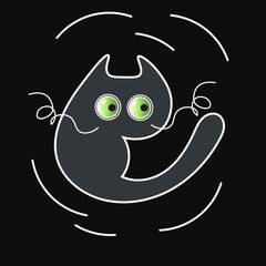 Cute gray cat with glowing eyes on a black background. Vector icon.