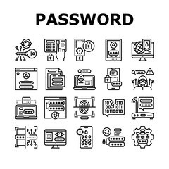 Password Protection Collection Icons Set Vector. Electronic Key And Fingerprint, Wifi Router And Computer, Smartphone And Folder Password Black Contour Illustrations
