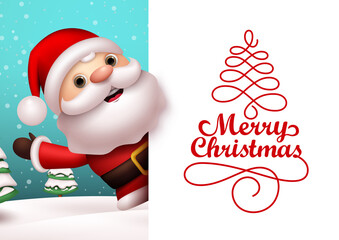 Christmas santa vector banner template. Merry christmas typography text in empty white space for messages with santa claus character waving for xmas holiday season greeting card. Vector illustration.