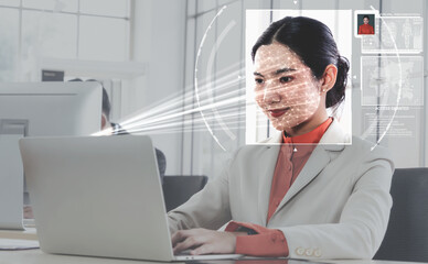 Facial recognition technology scan and detect people face for identification . Future concept interface showing digital biometric security system that analyze human face to verify personal data .