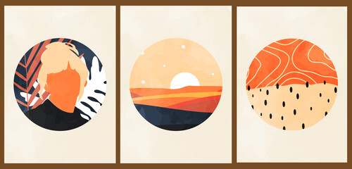 A set of three colorful aesthetic backgrounds. Minimalist social media posters in pastel colors. Vintage watercolor illustrations with landscape, fields, female face silhouette, plants, dots.
