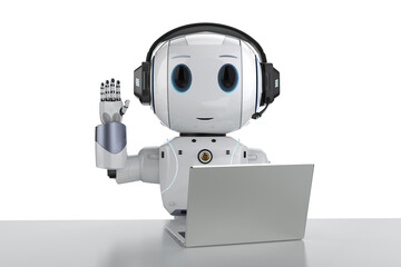 cute artificial intelligence robot with notebook - obrazy, fototapety, plakaty