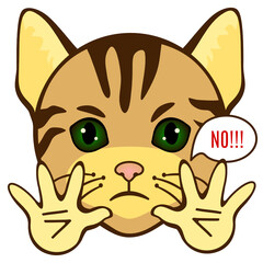 Fototapeta na wymiar Emoji with a cat who shows a gesture with his hands and says No, simple hand drawn emoticon on white isolated background
