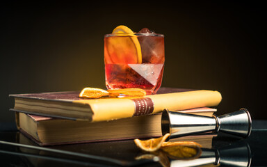 Closeup shot of a glass of delicious Classic Negroni cocktail