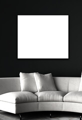 Mock up poster frame on the wall, a white sofa in Scandinavian Living room, 3d rendering, 3d illustration