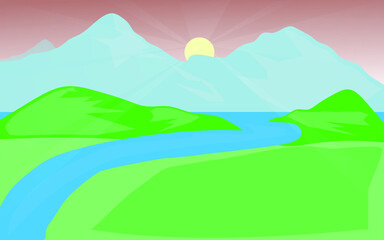 Obraz premium sunrise on the mountains and river landscape vector
