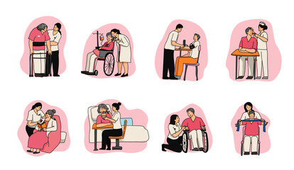 elderly care cartoon, doodle drawing style