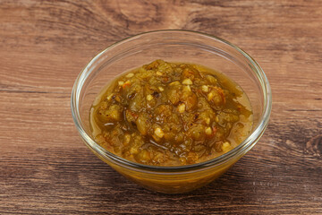 Green spicy sauce in the bowl
