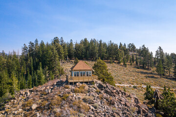TRUCKEE, CALIFORNIA, UNITED STATES - Oct 08, 2020: Drone view of Martis Peak Fire Lookout