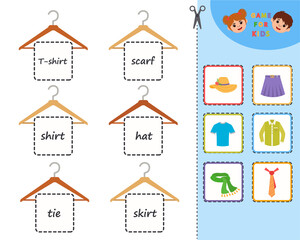 Education game for children with clothes. Find and hang clothes on a hanger. Kids learning material. Preschool worksheet activity. Children funny riddle entertainment. Vector Illustration