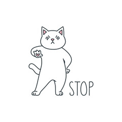 Stop. Illustration of a cut white cat gestures telling to stop. Objects isolated on a white background. Can be used for banners, posters, invitation cards. Vector 8 EPS.