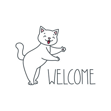 Welcome. Illustration of a cut white cat welcoming. Objects isolated on a white background. Can be used for banners, posters, invitation cards. Vector 8 EPS.