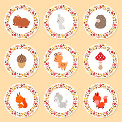 Autumn cupcake toppers. Set of cute cupcake toppers with little woodland animals and wreathes made of autumn plants. Can be used as greeting cards, gift tags or icons. Vector 10 EPS.
