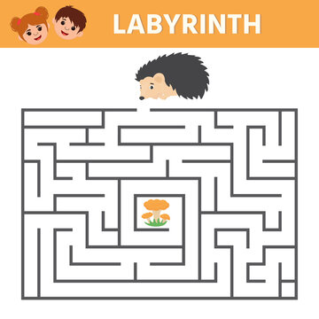 Maze. Game for kids. Find the right path from Hedgehog to mushroom.  Preschool worksheet activity. Children funny riddle entertainment with cute hedgehog. Vector Illustration