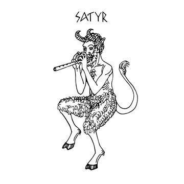 satyr ancient greek deity of forests, a mythological character, ornament element, vector illustration with black ink lines isolated on a white background in a doodle & hand drawn style