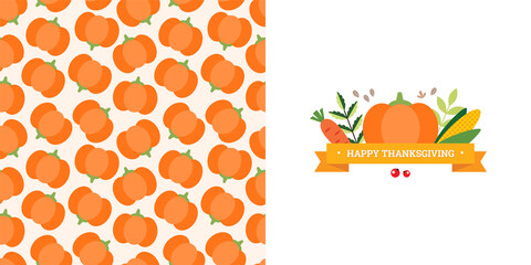 Thanksgiving Day card. Vignette and pattern made of vegetables, berries, autumn leaves and plants. Can be used as folding greeting card, invitation, booklet or flyer. Vector 8 EPS.