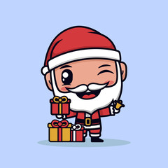 Santa Claus Boy Cute Character. Gift box. Merry Christmas And Happy New Year Cartoon Art. Vector Illustration